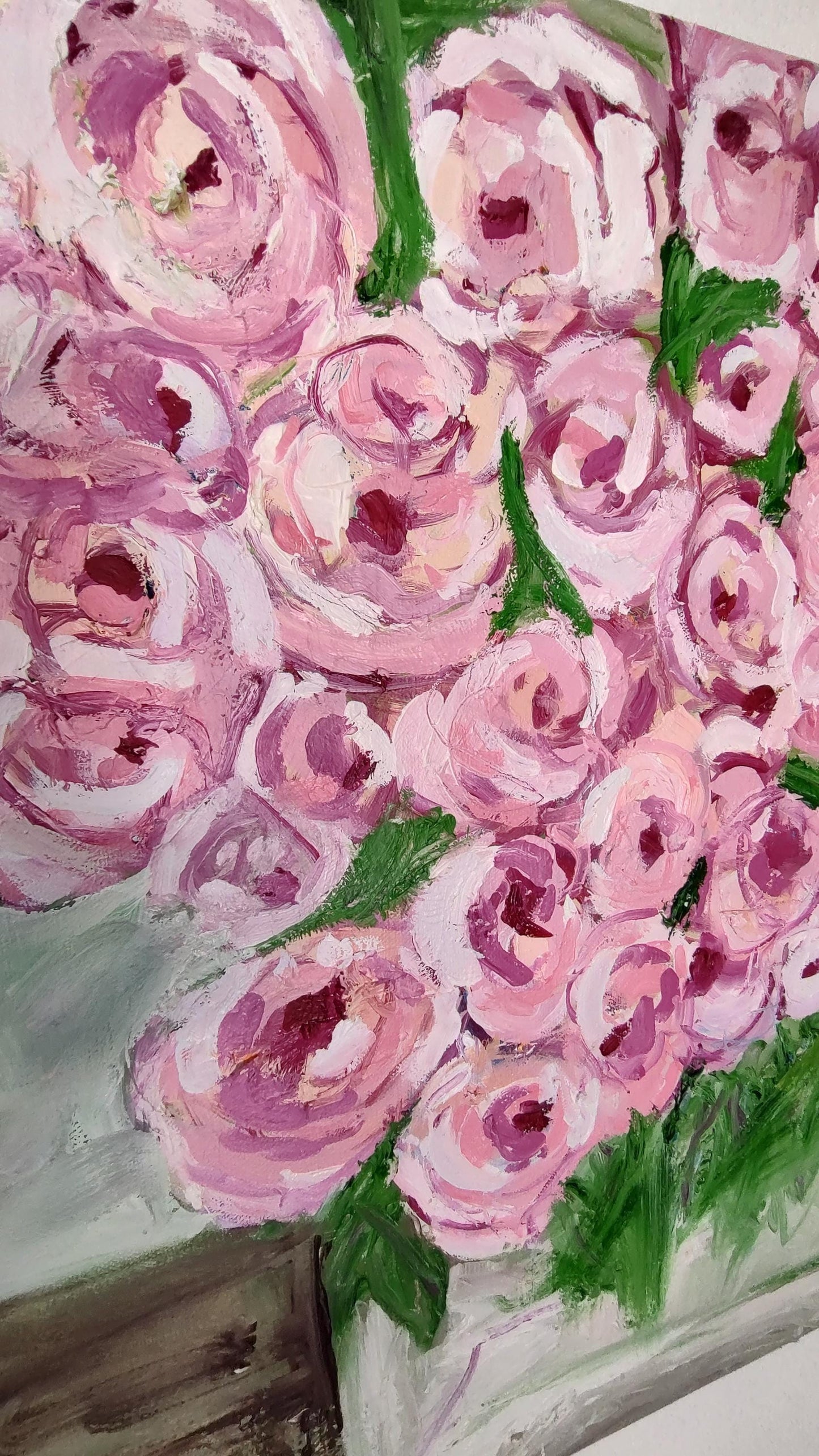 Chromatic Pinks- Rose Blooms in Glass Cube 20 x 20 Oil On Canvas