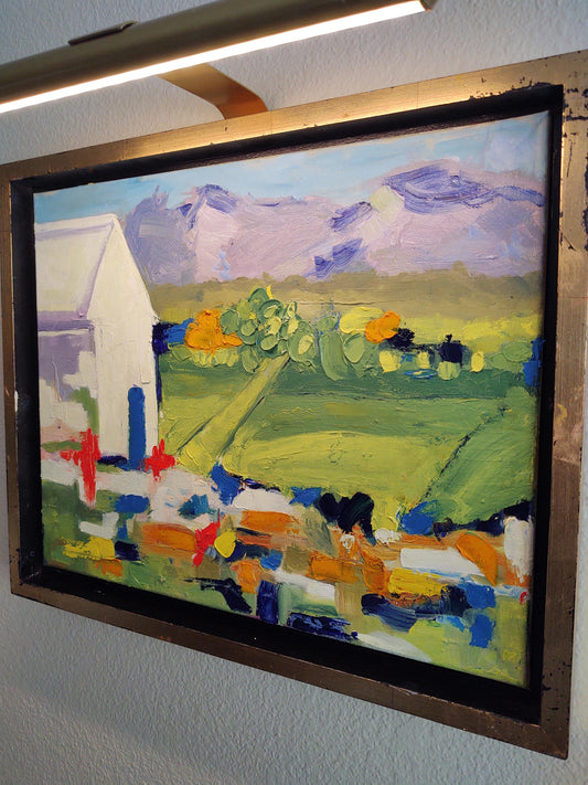 SOLD Oakville Barn Poppy and Mustard Blooms 16 x 20 Oil on Canvas