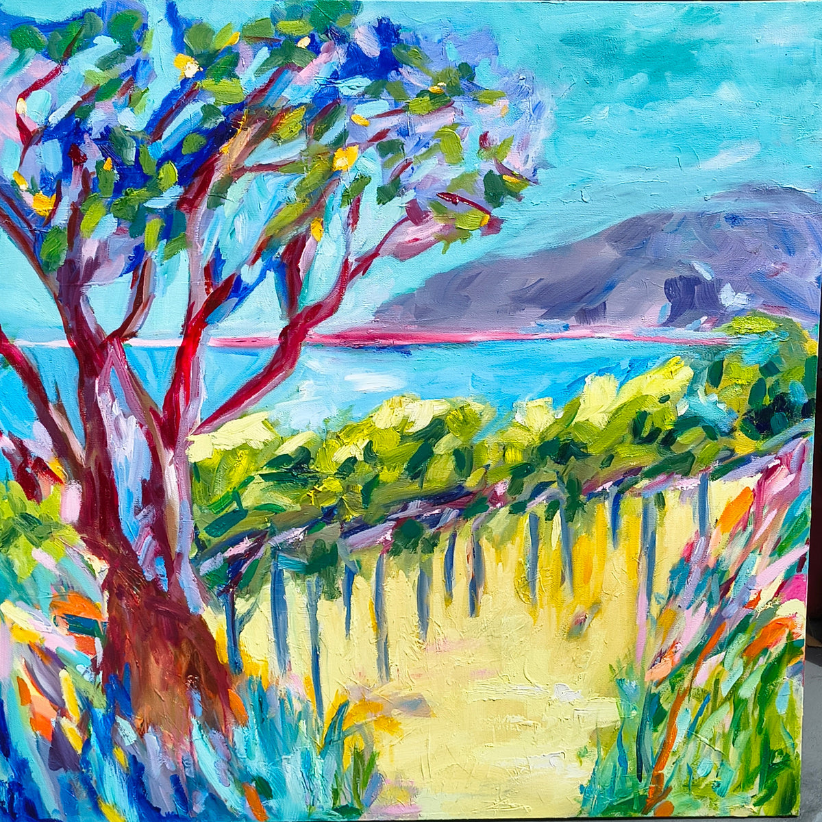 Carneros to the Bay: Vineyard's Kiss To The Magenta Shore 36 x 36 Oil on Canvas $2,000.00