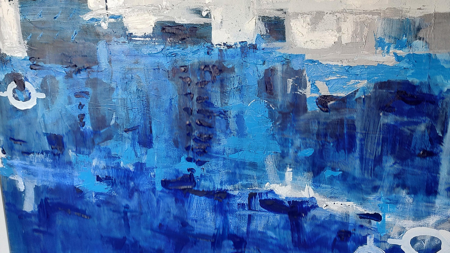 G Indigo Depths - Silver Skyline San Francisco - 48x60 - Acrylic and Molding Mud - Gallery Exhibit