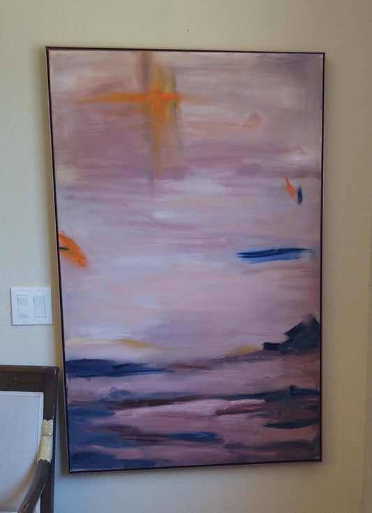 V Museum Exhibit- Cobalt Tide & Marigold Sky- 48 x 30 Oil on Canvas