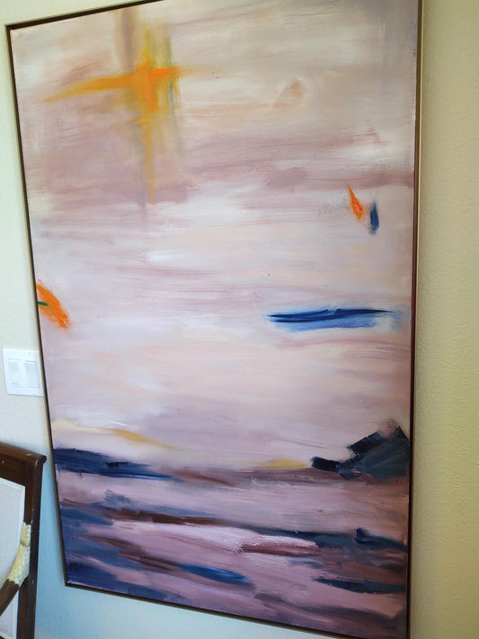 V Museum Exhibit- Cobalt Tide & Marigold Sky- 48 x 30 Oil on Canvas