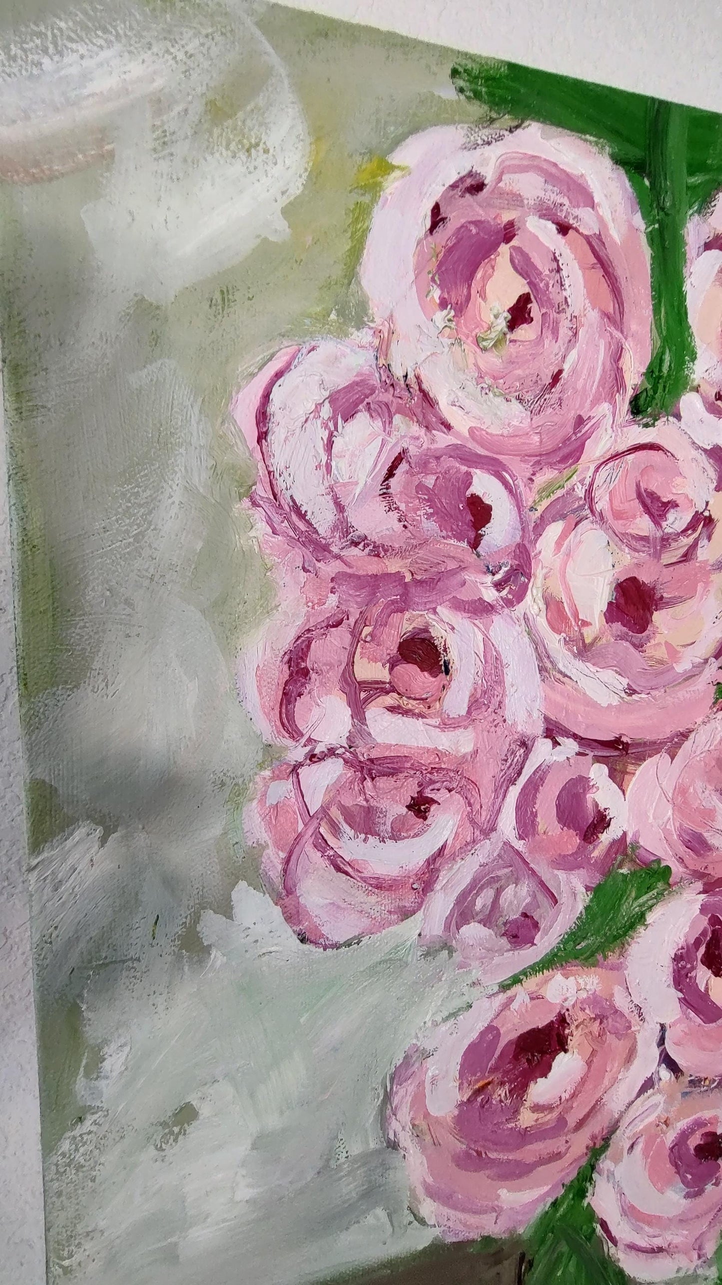 Chromatic Pinks- Rose Blooms in Glass Cube 20 x 20 Oil On Canvas