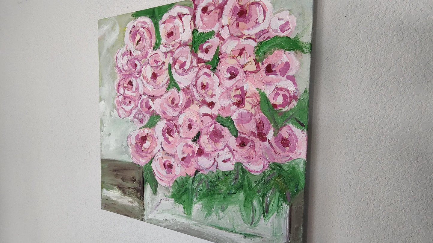 Chromatic Pinks- Rose Blooms in Glass Cube 20 x 20 Oil On Canvas