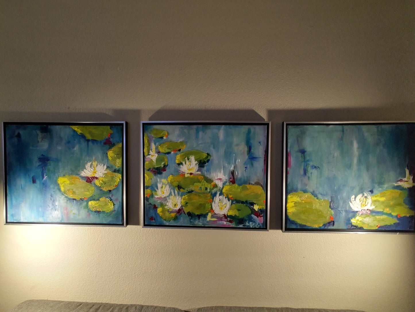 Monet's Kaleidoscope Dreams-Triptych-Lilies In The Rain Three 18 x 24 Oil on Canvas