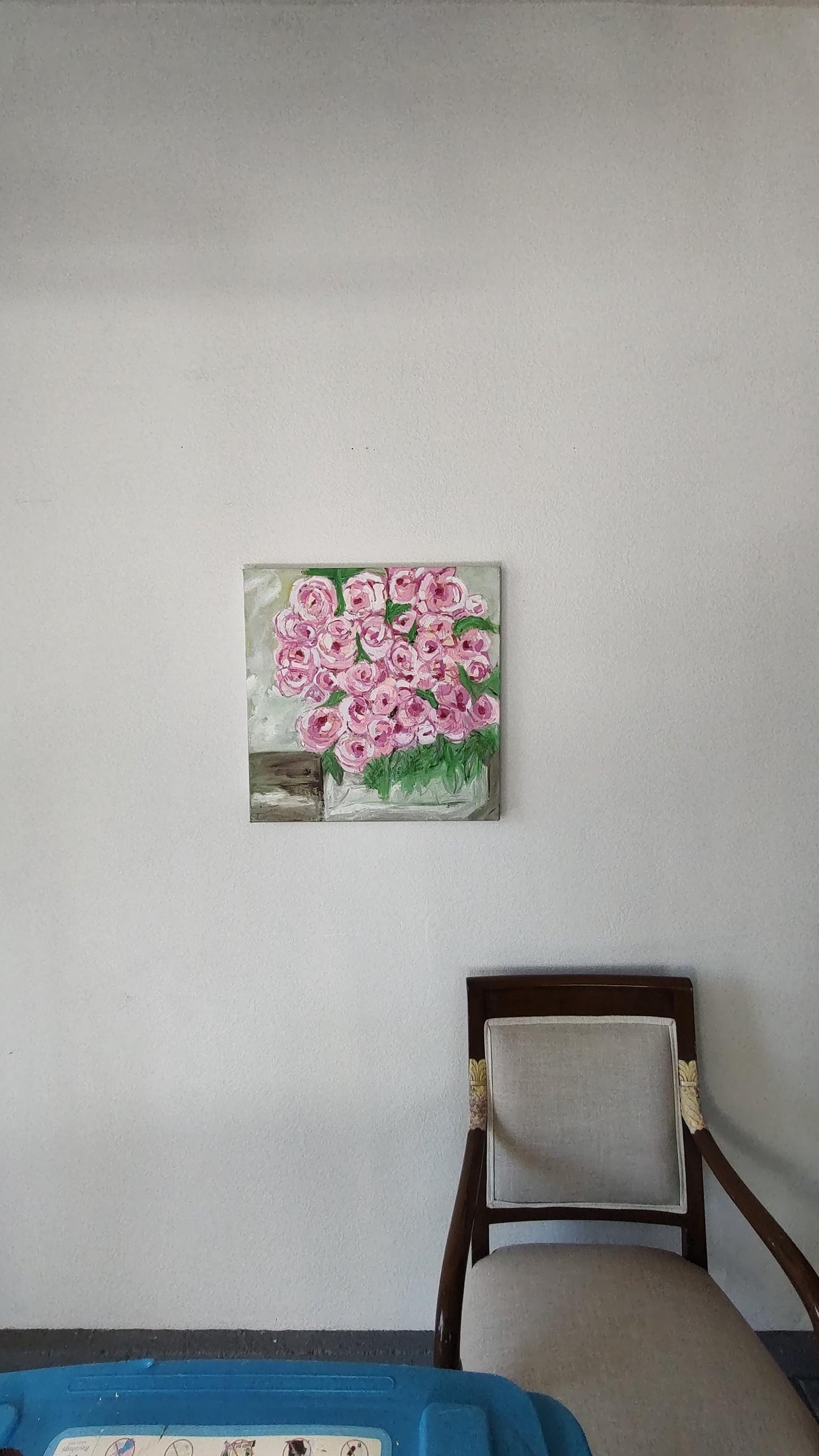 Chromatic Pinks- Rose Blooms in Glass Cube 20 x 20 Oil On Canvas