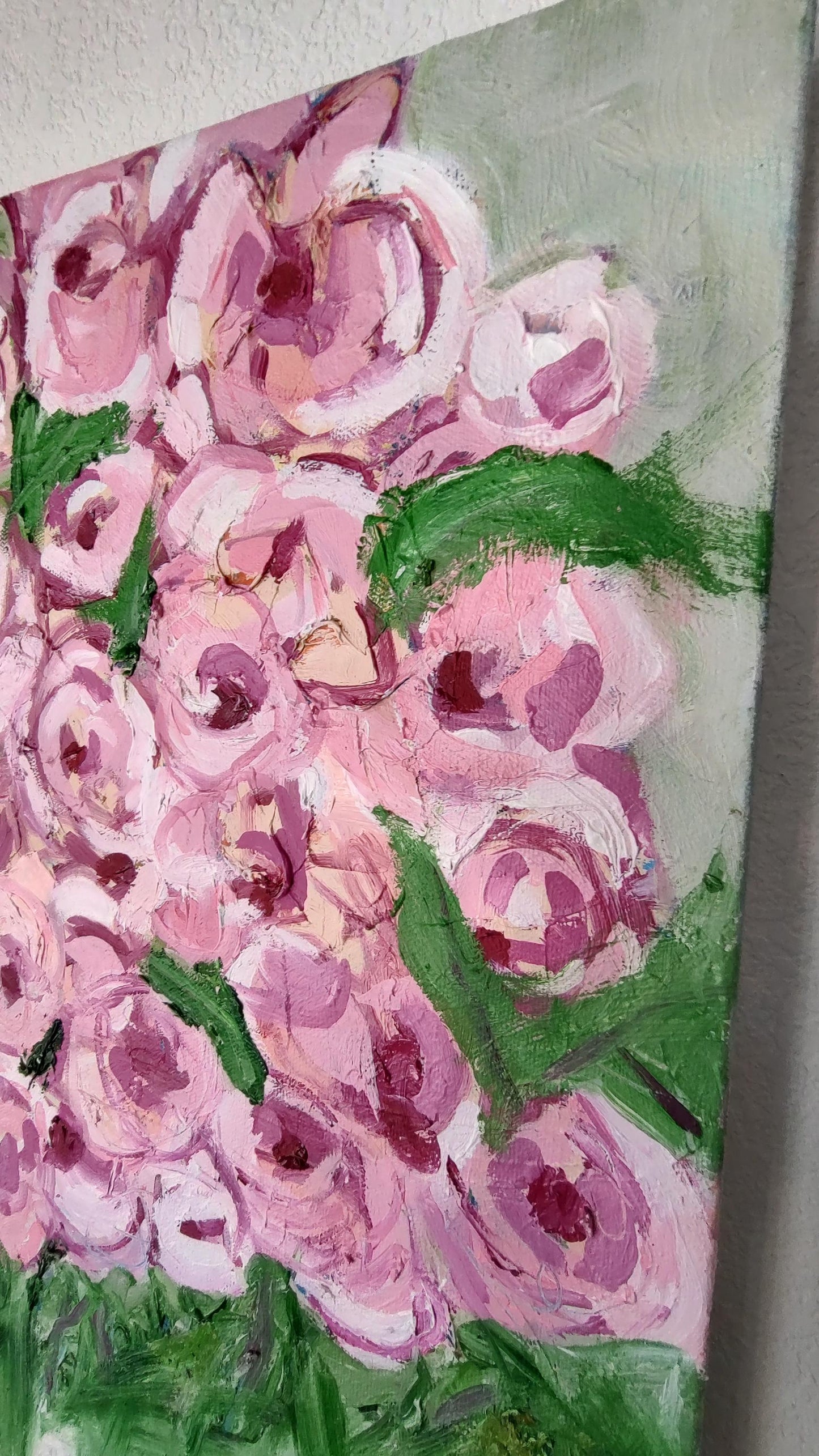 Chromatic Pinks- Rose Blooms in Glass Cube 20 x 20 Oil On Canvas