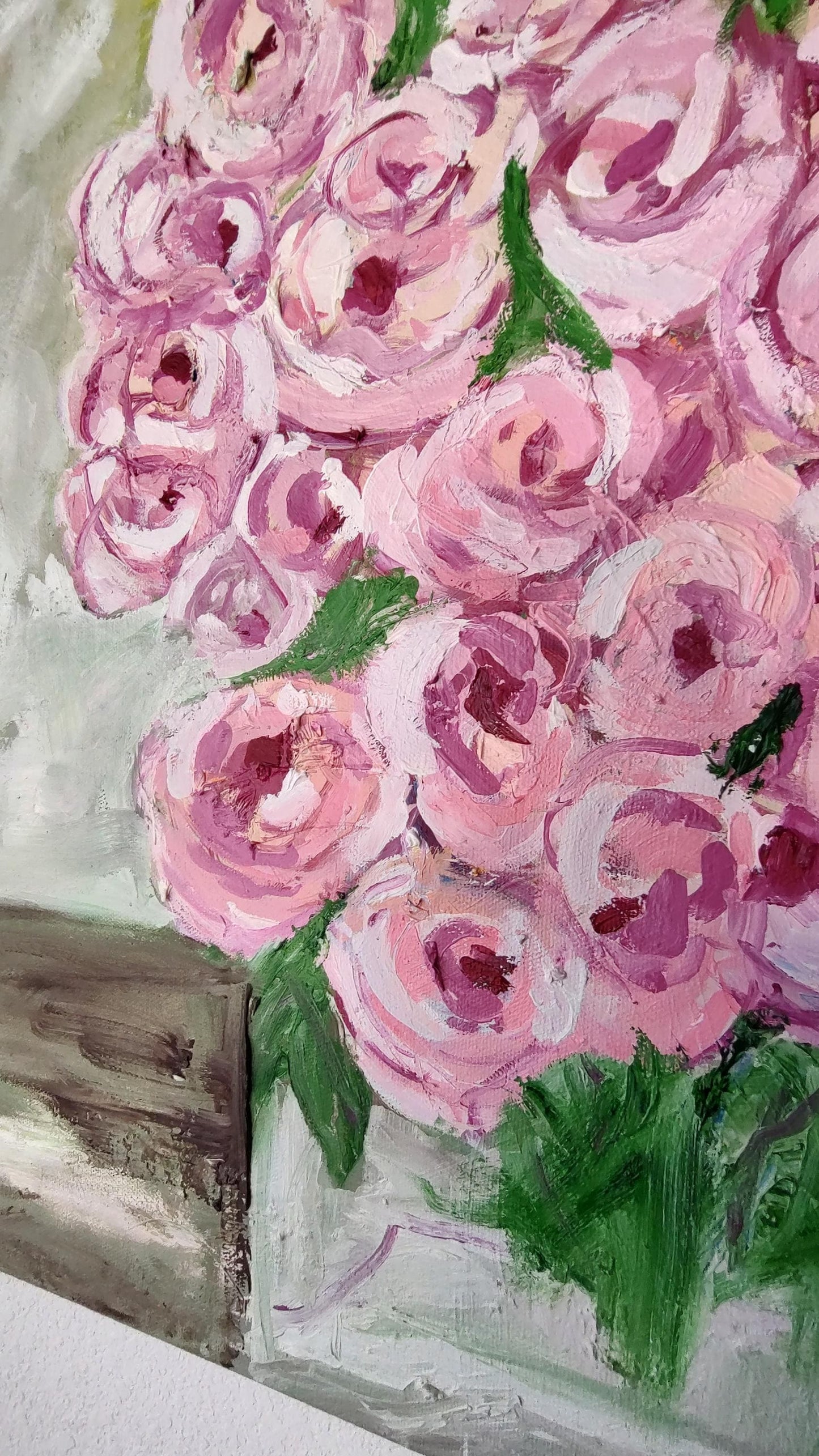 Chromatic Pinks- Rose Blooms in Glass Cube 20 x 20 Oil On Canvas