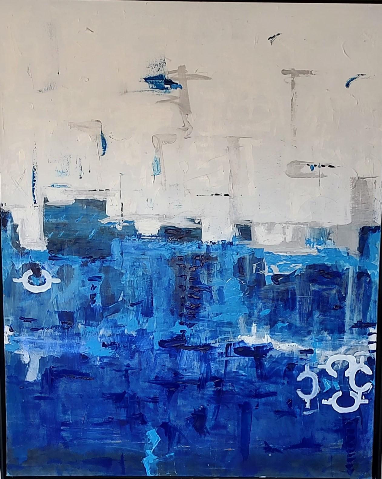 G Indigo Depths - Silver Skyline San Francisco - 48x60 - Acrylic and Molding Mud - Gallery Exhibit