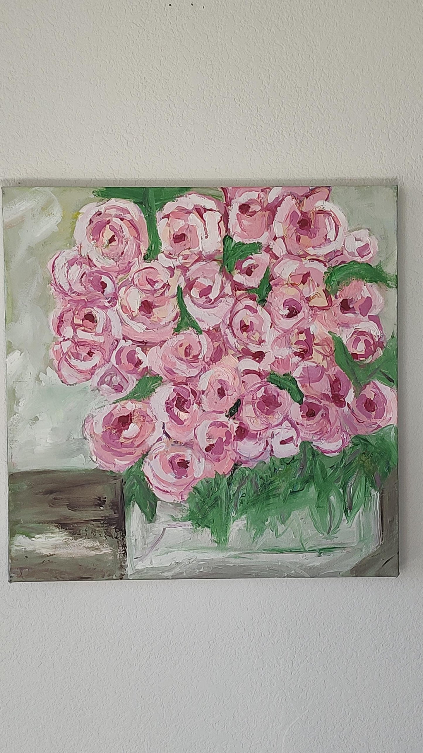 Chromatic Pinks- Rose Blooms in Glass Cube 20 x 20 Oil On Canvas