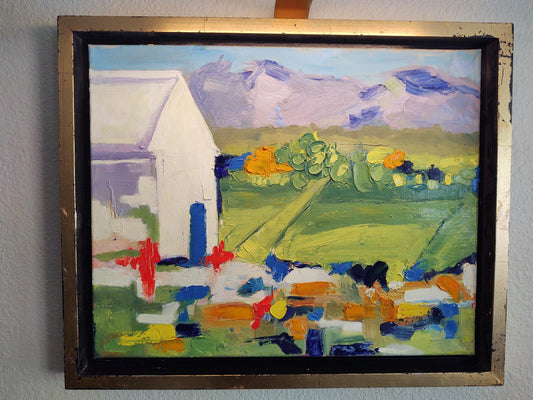 SOLD Oakville Barn Poppy and Mustard Blooms 16 x 20 Oil on Canvas