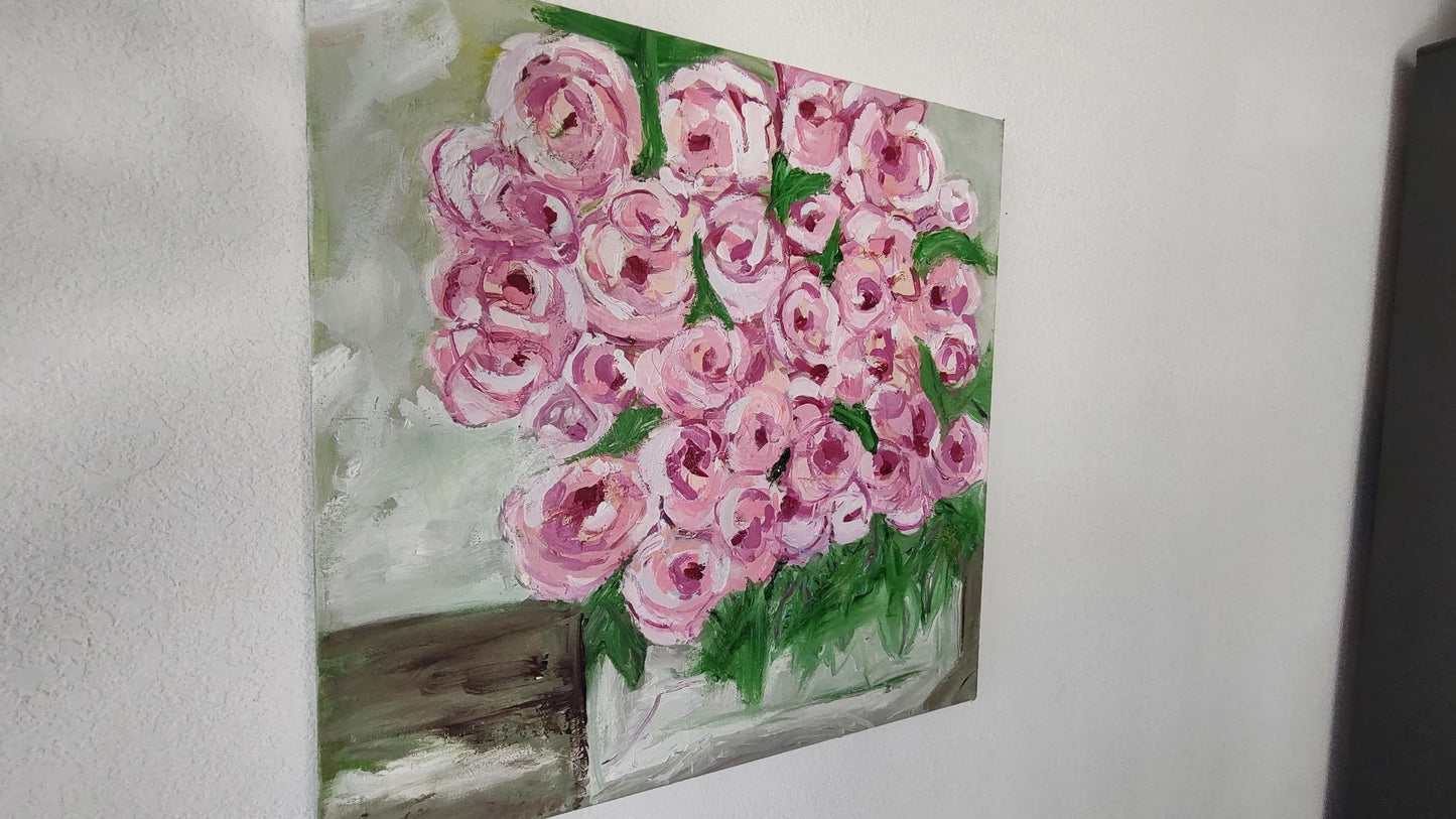 Chromatic Pinks- Rose Blooms in Glass Cube 20 x 20 Oil On Canvas