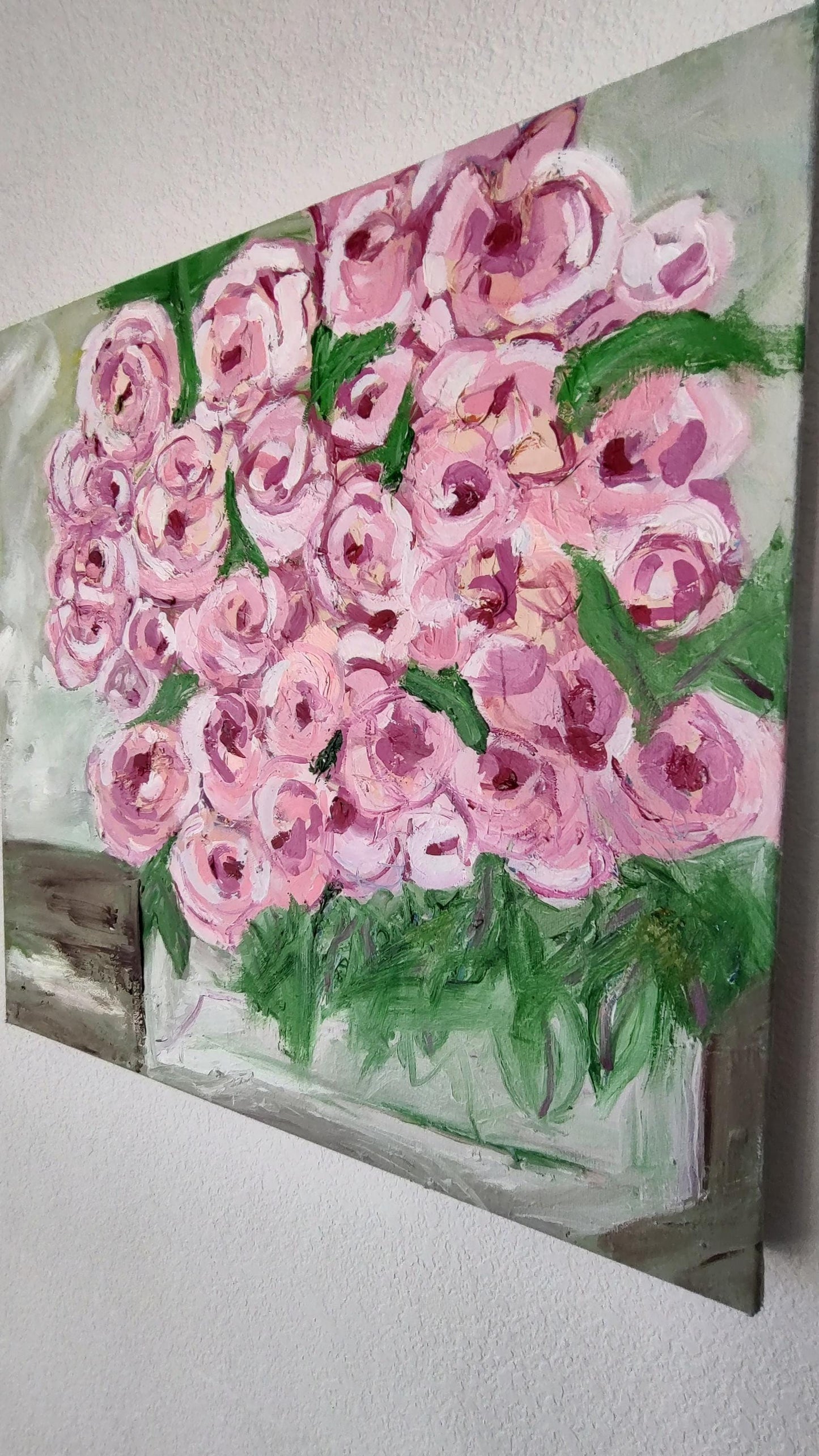 Chromatic Pinks- Rose Blooms in Glass Cube 20 x 20 Oil On Canvas