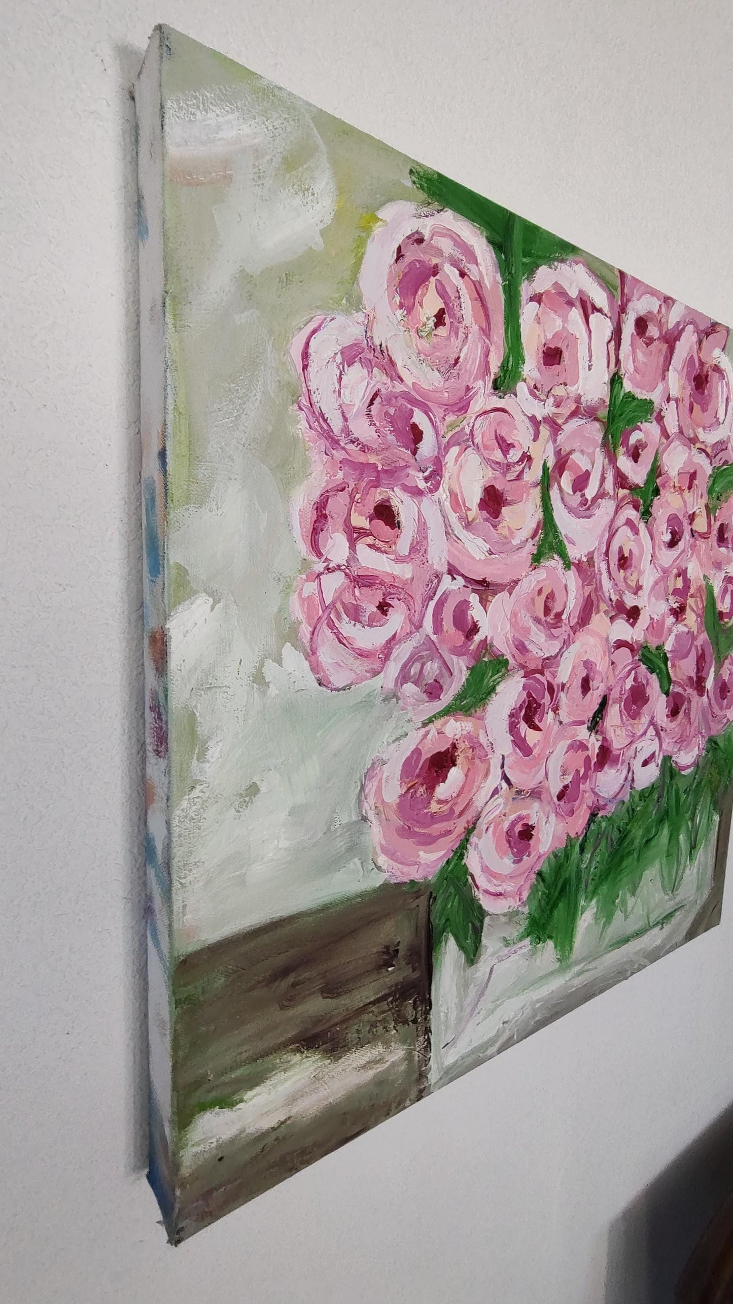 Chromatic Pinks- Rose Blooms in Glass Cube 20 x 20 Oil On Canvas